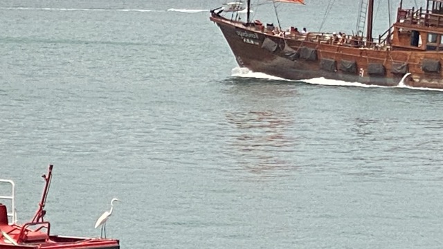 Egret standing on corner of red fireboat.  A brown boat passing in the background.